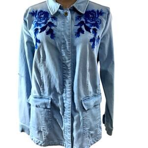 "ISAAC MIZRAHI LIVE" Bleached, Indigo Blue,Jean Jacket,Embroidered, Artsy,Whimsy